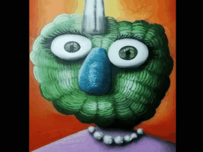 Gabriel Riggioni’s surreal portrait depicts a figure with a textured green visage, wide eyes, blue nose, and horn, adorned in purple and pearls before an orange backdrop. , an original work available at MÍRAME Fine Art.