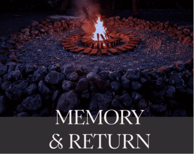 Dark poster with a firepit in the background advertising "Memory and Return" an exhibition at Museo Islita