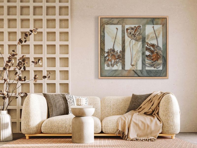 Neutral-toned contemporary artwork by a Costa Rican artist styled in a modern living space, showcasing sophisticated latin america art in an interior design context.