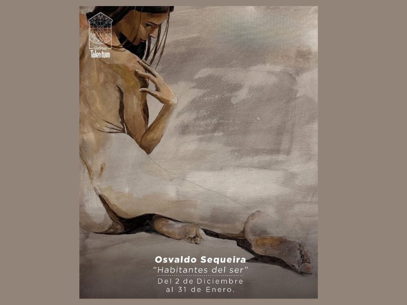 Painting of a seated nude figure in soft neutral tones by a Costa Rican artist, announcing osvaldo Sequeira new work as part of a contemporary art exhibition.