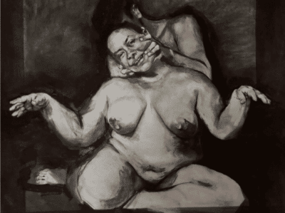 Contemporary figurative drawing by Costa Rican artist Roberto Murillo featuring intertwined nude figures in dramatic black and white chiaroscuro