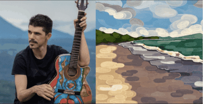 Split image: Left shows Costa Rican artist Christian Porras holding a colorfully painted guitar outdoors; right shows his abstract landscape painting featuring a beach with curved brushstrokes in blues, greens, and earth tones.