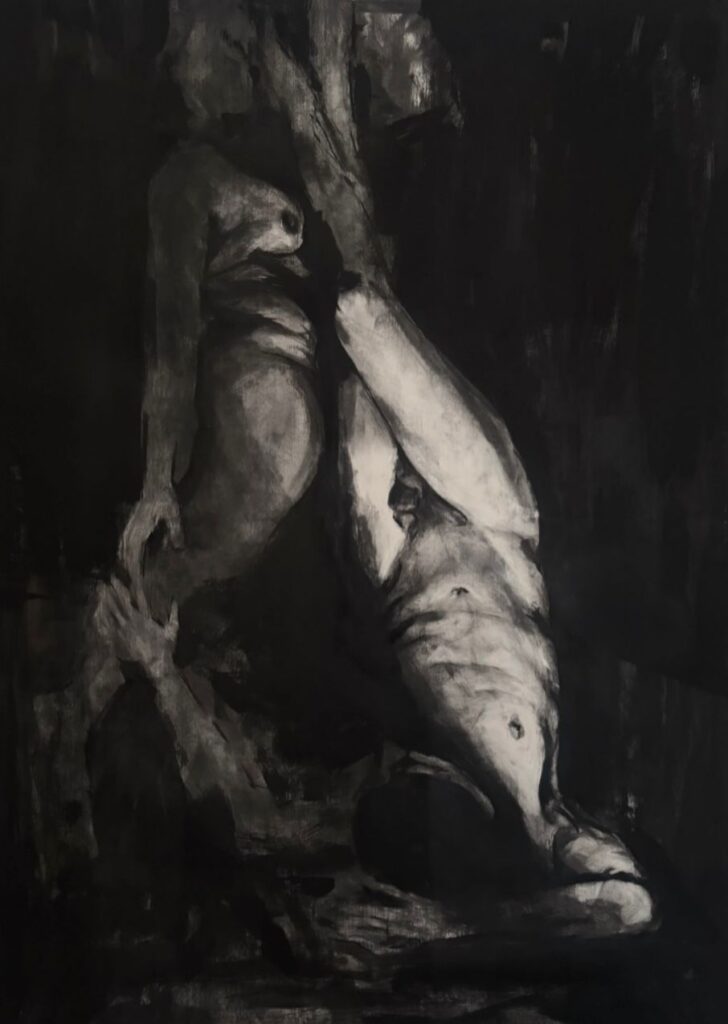 Roberto Murillo contemporary figurative drawing depicting two intertwined nude figures rendered in black and white charcoal