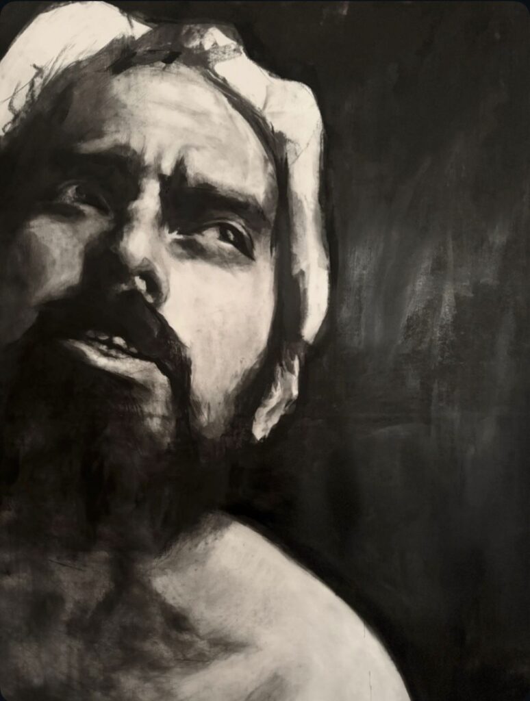 Contemporary figurative drawing by Roberto Murillo showing a dramatic black and white charcoal portrait with strong chiaroscuro lighting