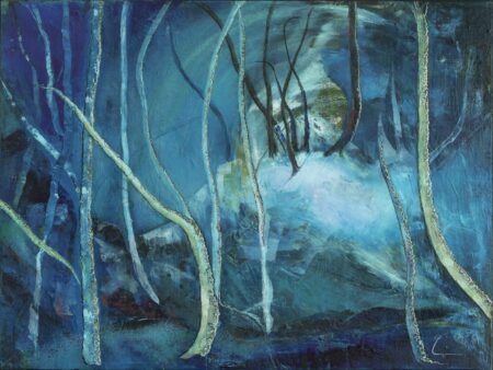 Bosque Encantado, abstract oil and cold wax painting by Lorena Villalobos — tree trunks in deep blue with a luminous central mass of moon or mist.