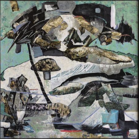 Brio, acrylic on canvas by Lorena Villalobos — Costa Rican abstract art in black, gold, white and turquoise with fragmented organic and figural forms.