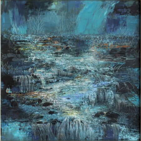 Danza de Luna, oil, cold wax and silver foil on canvas by Lorena Villalobos — moonlit landscape painting in deep blue and teal with white marks suggesting water and reed at night.