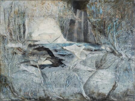 Ecos del Estuario, oil and cold wax landscape painting on canvas board by Lorena Villalobos — Costa Rican landscape painting in silver, teal and rust with water, rock and tangled vegetation.