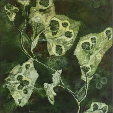 Fotosíntesis, abstract acrylic on canvas by Costa Rican botanical painter Lorena Villalobos — leaf forms and seed heads in deep green, white and black.