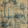 Frutas Extrañas, oil and cold wax on artboard by Lorena Villalobos — Costa Rican botanical art with teal lines tracing trees, plants and figures emerging from an ochre ground.