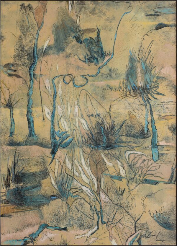 Frutas Extrañas, oil and cold wax on artboard by Lorena Villalobos — Costa Rican botanical art with teal lines tracing trees, plants and figures emerging from an ochre ground.