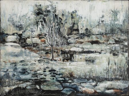 La Orilla del Tiempo, oil and cold wax on canvas by Lorena Villalobos — contemplative landscape painting with a bare tree, stone, water and sediment in grey, white and rust.
