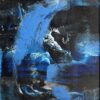 Luz en La Profundidad #1, cold wax abstraction by Lorena Villalobos — deep blue and black with a luminous white form emerging through a gouged and layered surface.