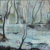 Pachamama, oil and cold wax on canvas by Lorena Villalobos — Mother Earth painting with a face emerging from forest trees, flowers and water in pale blue and grey.