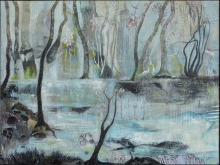 Pachamama, oil and cold wax on canvas by Lorena Villalobos — Mother Earth painting with a face emerging from forest trees, flowers and water in pale blue and grey.