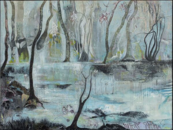 Pachamama, oil and cold wax on canvas by Lorena Villalobos — Mother Earth painting with a face emerging from forest trees, flowers and water in pale blue and grey.