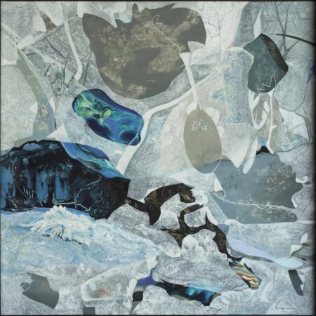 Ritmos de la Naturaleza, acrylic on canvas by Lorena Villalobos — abstract landscape painting in Costa Rica with translucent layered forms in ice-blue, teal and silver.