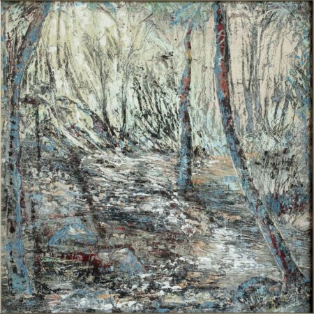 Sedimentos de Luz, oil and cold wax landscape painting by Lorena Villalobos — heavily worked forest surface with teal tree trunks pushing through white and grey, red and rust beneath.