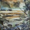 Vintage St. Catalinas, ink and collage on canvas by Lorena Villalobos — vintage coastal painting of the Catalinas coastline with palm trees, amber sky and tropical vegetation.