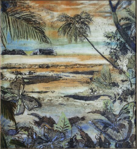 Vintage St. Catalinas, ink and collage on canvas by Lorena Villalobos — vintage coastal painting of the Catalinas coastline with palm trees, amber sky and tropical vegetation.