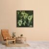 Fotosíntesis, abstract acrylic on canvas by Costa Rican botanical painter Lorena Villalobos, hanging on a wall next to a chair and side table.