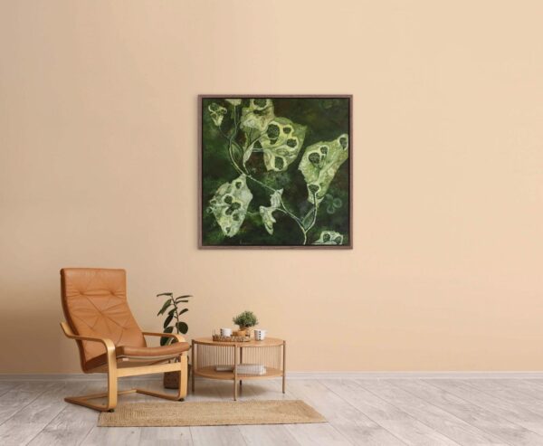 Fotosíntesis, abstract acrylic on canvas by Costa Rican botanical painter Lorena Villalobos, hanging on a wall next to a chair and side table.