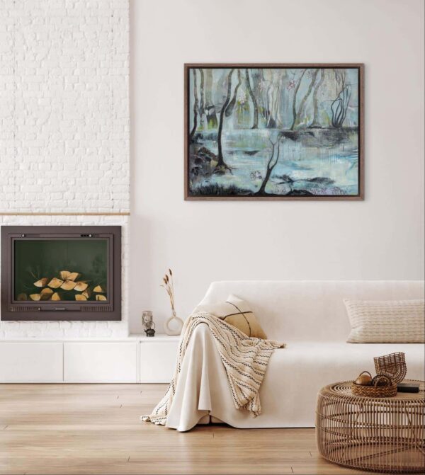 Pachamama, oil and cold wax on canvas by Lorena Villalobos — Mother Earth painting with a face emerging from forest trees, flowers and water in pale blue and grey.