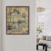 Frutas Extrañas, oil and cold wax on artboard by Lorena Villalobos — Costa Rican botanical art with teal lines tracing trees, plants and figures emerging from an ochre ground. It hangs framed on a white wall of a contemporary living space.
