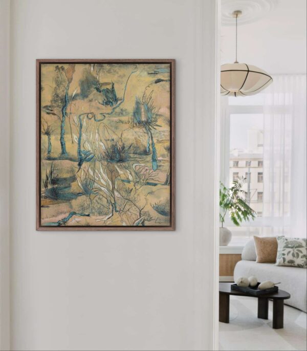 Frutas Extrañas, oil and cold wax on artboard by Lorena Villalobos — Costa Rican botanical art with teal lines tracing trees, plants and figures emerging from an ochre ground. It hangs framed on a white wall of a contemporary living space.