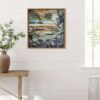 Vintage St. Catalinas, ink and collage on canvas by Lorena Villalobos — vintage coastal painting of the Catalinas coastline with palm trees, amber sky and tropical vegetation.