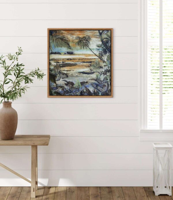 Vintage St. Catalinas, ink and collage on canvas by Lorena Villalobos — vintage coastal painting of the Catalinas coastline with palm trees, amber sky and tropical vegetation.