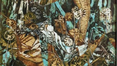 This cold wax painting reveals an intricate, abstract forest in earthy hues, with layered textures and organic forms interwoven throughout. , an original work available at MÍRAME Fine Art.