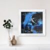 Luz en La Profundidad #1, cold wax abstraction by Lorena Villalobos — deep blue and black with a luminous white form emerging through a gouged and layered surface.