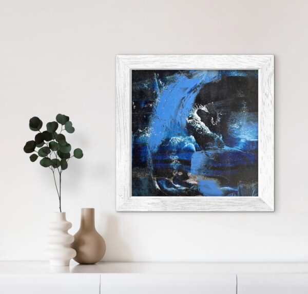 Luz en La Profundidad #1, cold wax abstraction by Lorena Villalobos — deep blue and black with a luminous white form emerging through a gouged and layered surface.