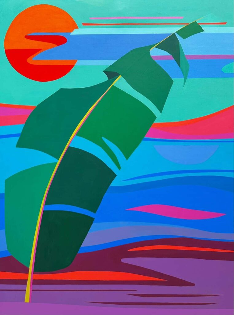 An abstract canvas presents a prominent green banana leaf before a dynamic backdrop of vivid hues, evoking an immersive tropical essence, an original work available at MÍRAME Fine Art and showcasing as Art on the Peninsula Papagayo for Andaz Art Week 2026.