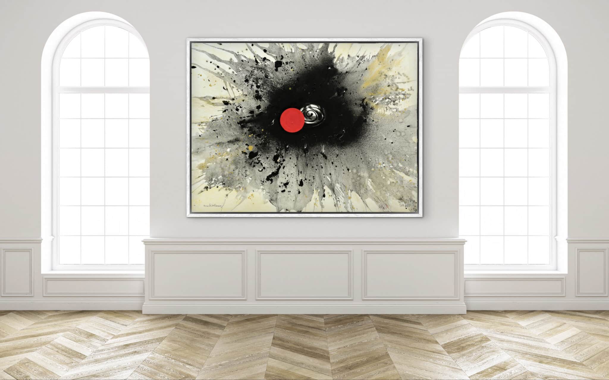 “El Proceso (The Process), a striking modern piece of black, white, and gray splatters with a red circle, graces a refined gallery wall.”. , an original work available at MÍRAME Fine Art.