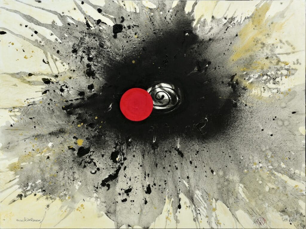 El Proceso: A large scale abstract painting featuring a vibrant red circle above a dynamic black swirl, accented by yellow, gray, and gold on off-white. , an original work available at MÍRAME Fine Art.