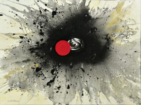 El Proceso: A large scale abstract painting featuring a vibrant red circle above a dynamic black swirl, accented by yellow, gray, and gold on off-white. , an original work available at MÍRAME Fine Art.