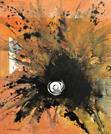 El Reto (The Challenge) presents an expressive orange abstract field, central black splatter, white spiral, earthy hues, and a leftward triangle for depth. An original work by Latin American artist Matamoros available at MÍRAME Fine Art.