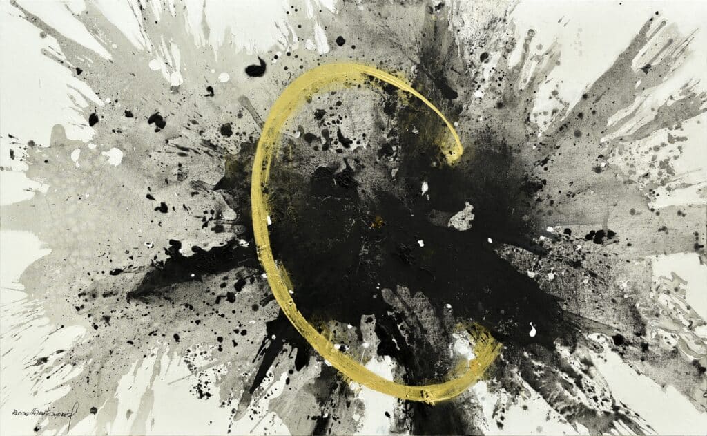 ¡La Luz Gana! (Light Wins!) an explosive abstract painting, displaying energetic black and gray ink on white, anchored by a luminous, incomplete golden circle evoking light’s victory. An original work BY Latin American artist Matamoros available at MÍRAME Fine Art.