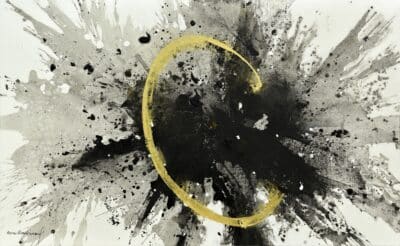 ¡La Luz Gana! (Light Wins!) an explosive abstract painting, displaying energetic black and gray ink on white, anchored by a luminous, incomplete golden circle evoking light’s victory. An original work BY Latin American artist Matamoros available at MÍRAME Fine Art.