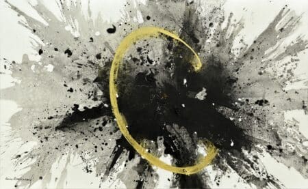 ¡La Luz Gana! (Light Wins!) an explosive abstract painting, displaying energetic black and gray ink on white, anchored by a luminous, incomplete golden circle evoking light’s victory. An original work BY Latin American artist Matamoros available at MÍRAME Fine Art.