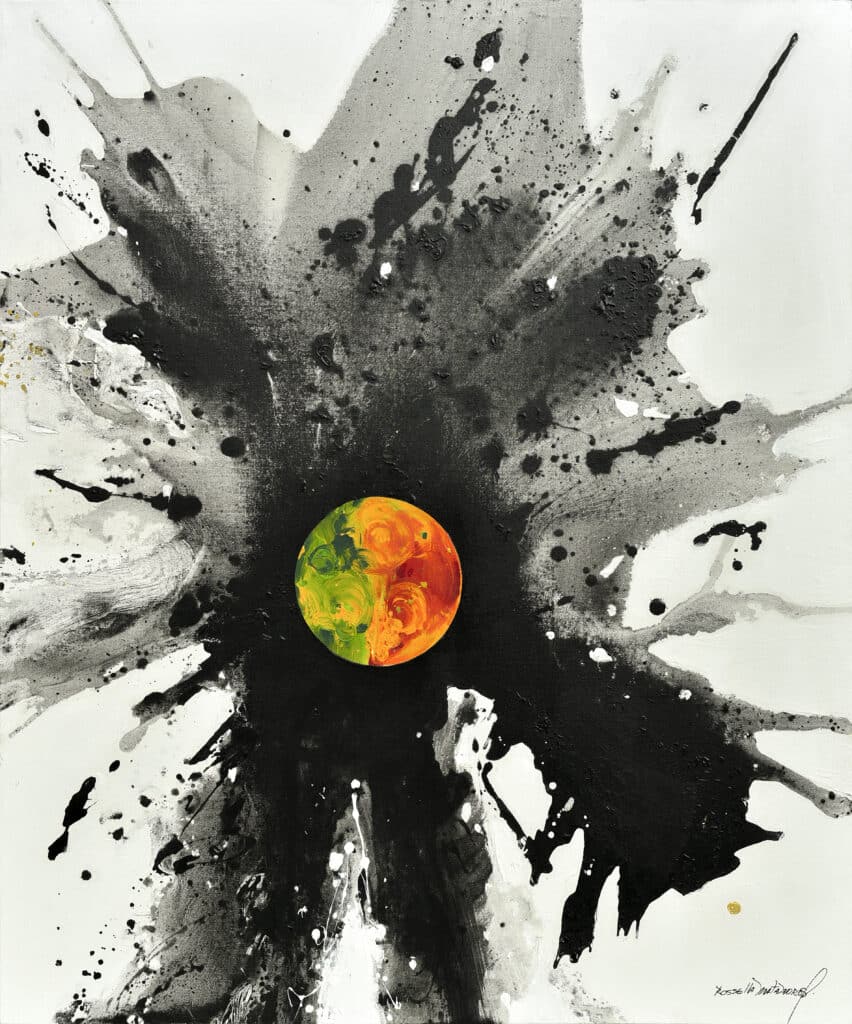 Part of Matamoros' Paradojas Luminosas series. At the composition’s heart, a vivid orange and green sphere anchors a white canvas, encircled by dynamic black ink splatters—a striking meditation on chaos and order, capturing the relentless energy of La Naturaleza Gana (Nature Wins). An original work available at MÍRAME Fine Art.