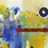Montaña (Mountain): An abstract landscape painting juxtaposing vibrant blue, yellow, and green splashes with precise geometric forms on textured white. An original work available at MÍRAME Fine Art.