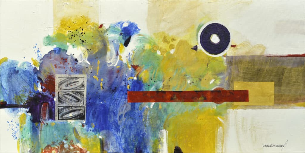 Montaña (Mountain): An abstract landscape painting juxtaposing vibrant blue, yellow, and green splashes with precise geometric forms on textured white. An original work available at MÍRAME Fine Art.