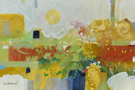 Paisaje Soleado is an abstract sunny landscape painting featuring bold brushstrokes, textured surfaces, and a central yellow orb amidst swirling vibrant hues. An original work available at MÍRAME Fine Art.