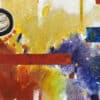 PAISAJE Y PLANETA presents an expressive abstract painting featuring vivid hues surrounding a bold black and white circle offset to the left, balanced by geometric red and blue forms. , an original work available at MÍRAME Fine Art.