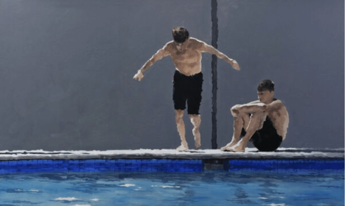 One of Osvaldo Sequeira paintings. A composition features two men with short dark hair in black swim shorts poolside, bathed in contemplative Sequeira-esque light. , an original work available at MÍRAME Fine Art.