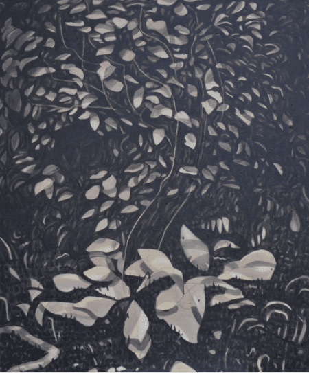 Black soil and acrylic painting. An abstract botanical composition with pale gray foliage and elegant, winding stems set against a deep, textured ground punctuated by subtle, colorful accents reminiscent of Carlos Fernández’s signature style. An original work available at MÍRAME Fine Art.