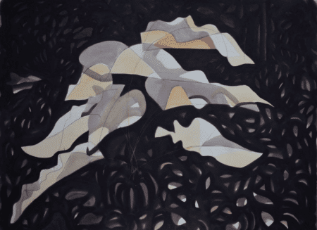 Black soil painting. One of Carlos Fernández’s black soil paintings. An abstract canvas features layered pale leaves in beige, gray, and cream, set against a richly textured dark ground. An original work available at MÍRAME Fine Art.